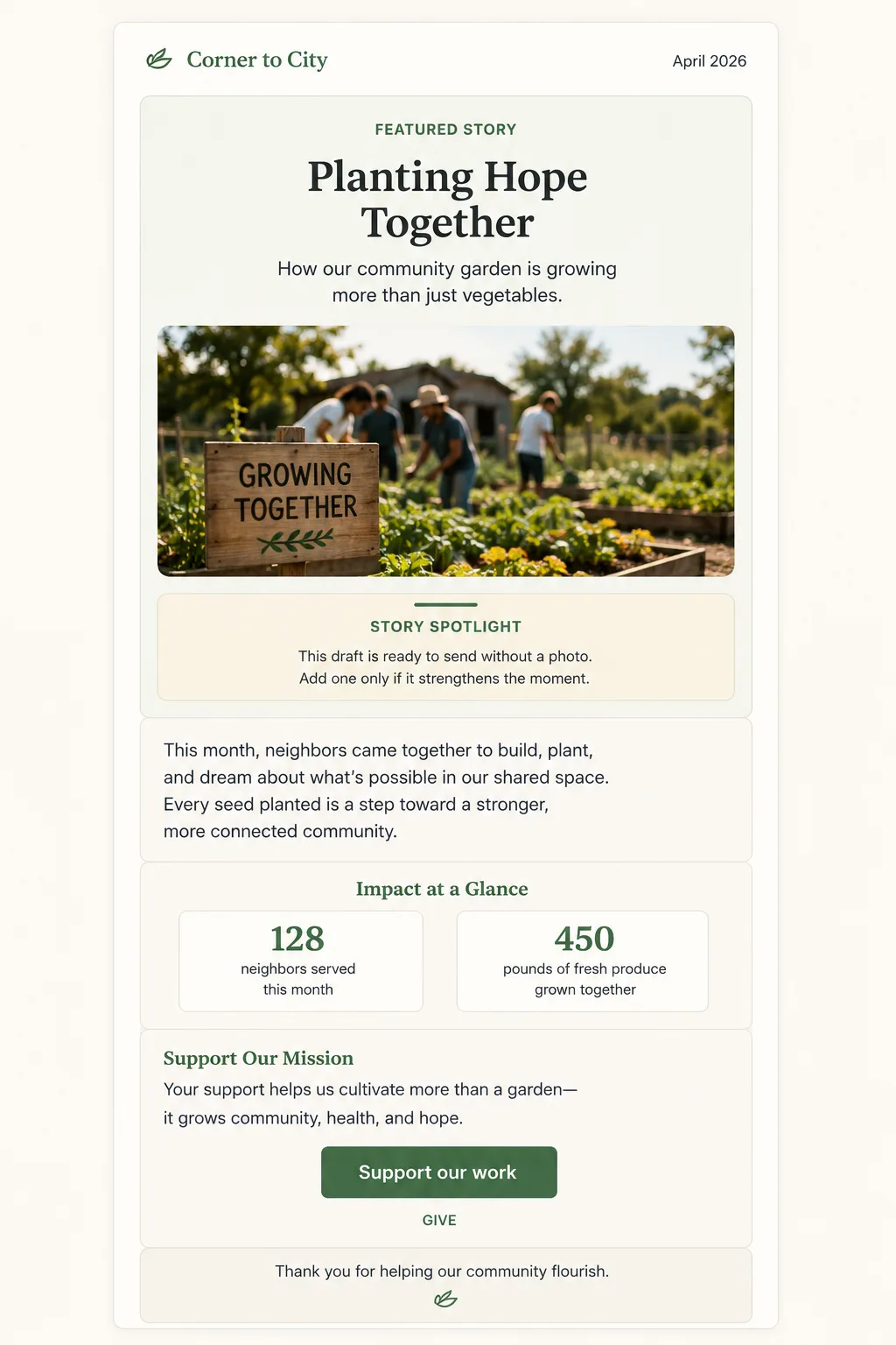 A finished Storyteller donor newsletter, ready to send